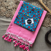 Baby Pink Handloom Khadi Cotton Saree With Sky Heart Print Blouse